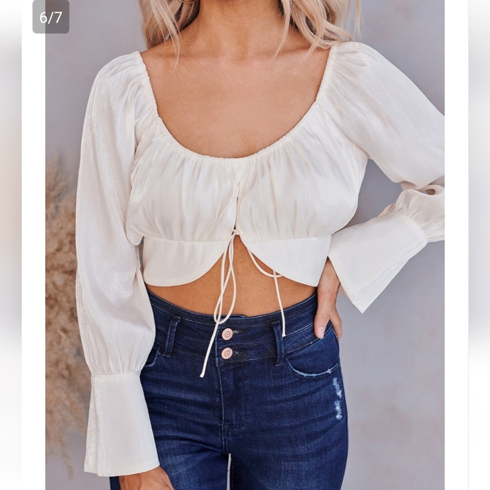 NanaMacs Cream Crop Blouse with Bell Sleeves and Tie Front - Picture 4 of 5